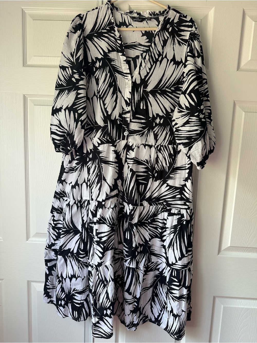 Mlle Gabrielle Black & White Palm-Print Tiered Midi Dress